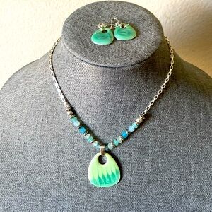 Vintage 90s Swirly Enamel Pendant Necklace & Earrings Set